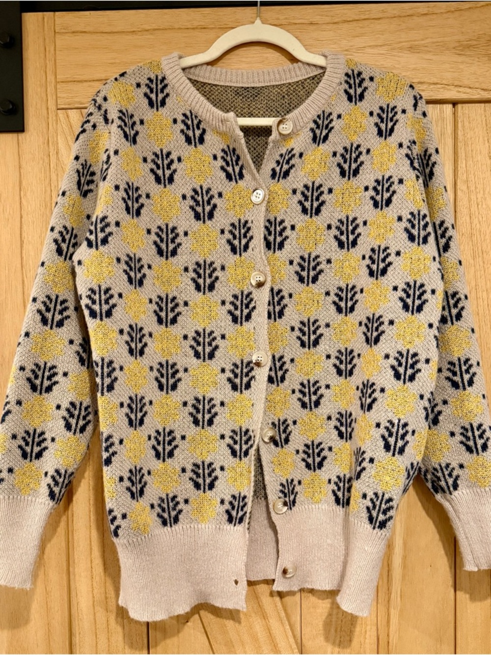 Women’s Gray/Beige Floral Knit Cardigan Sweater with Yellow & Navy Pattern